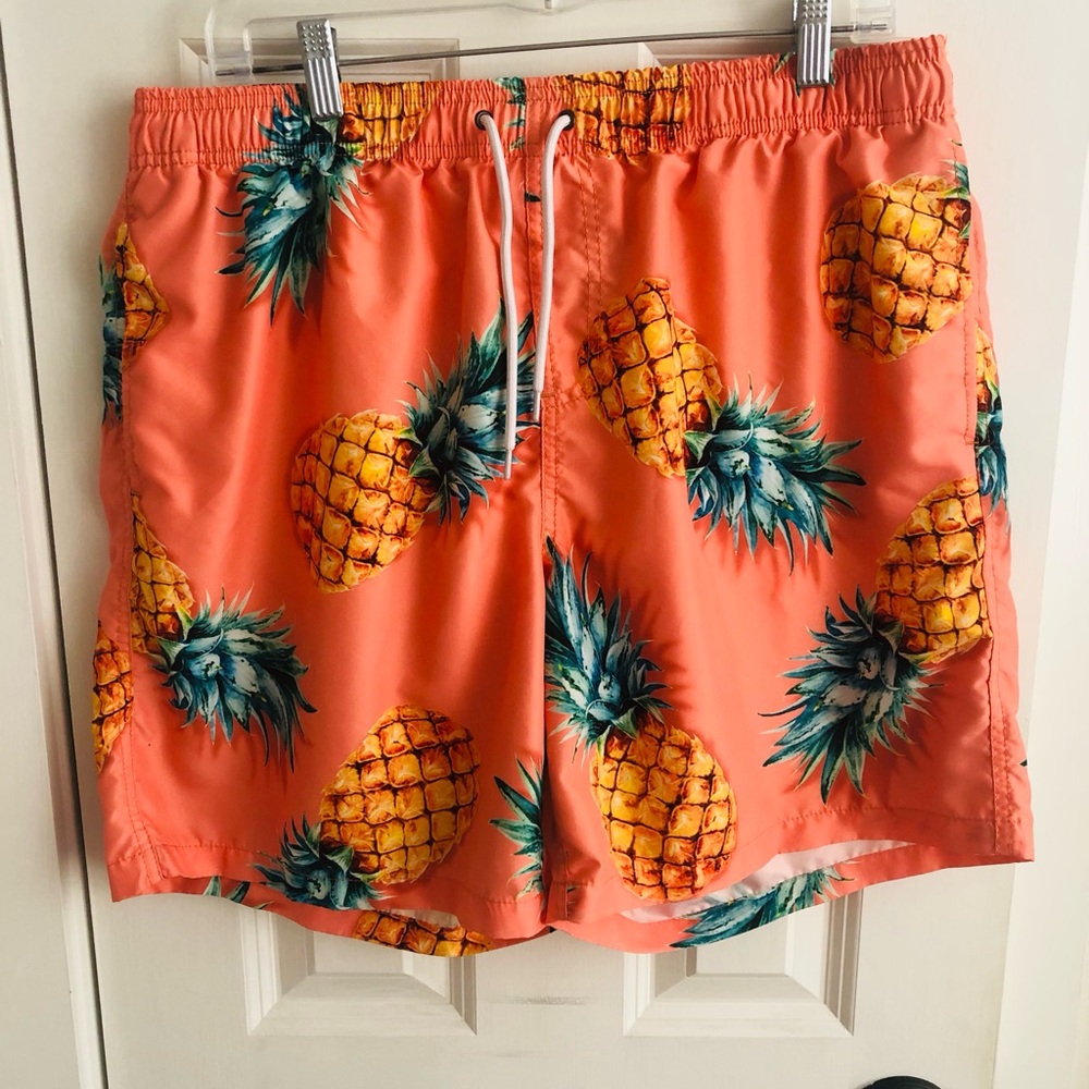 SHEIN Coral Swim Trunks with Yellow Pineapple Print